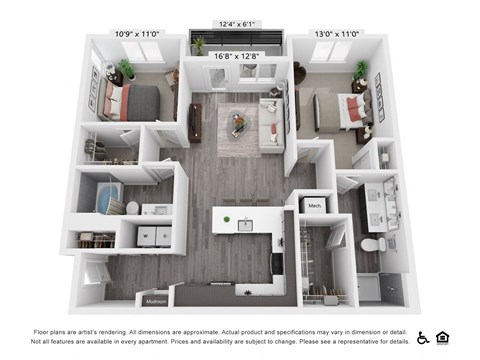 Floor plan for 2 beds, 2 baths, 1105 sqft